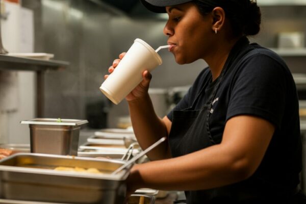 where may a food worker on break drink from an uncovered cup