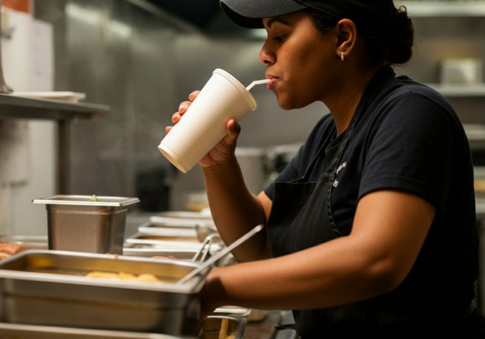 where may a food worker on break drink from an uncovered cup